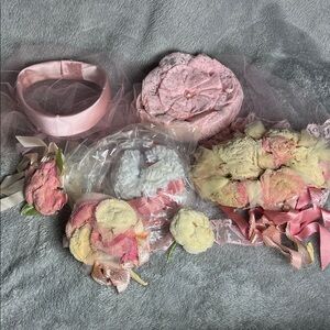 1965’s homemade? Pill hats for bridal party and fake bouquets